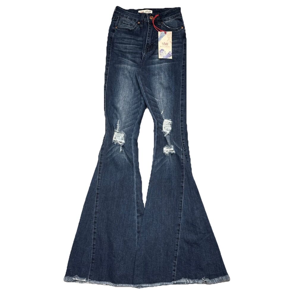 YMI Gigi High Rise Flare Bell Bottom Jeans 1 (22x33.5) Blue Distressed Juniors